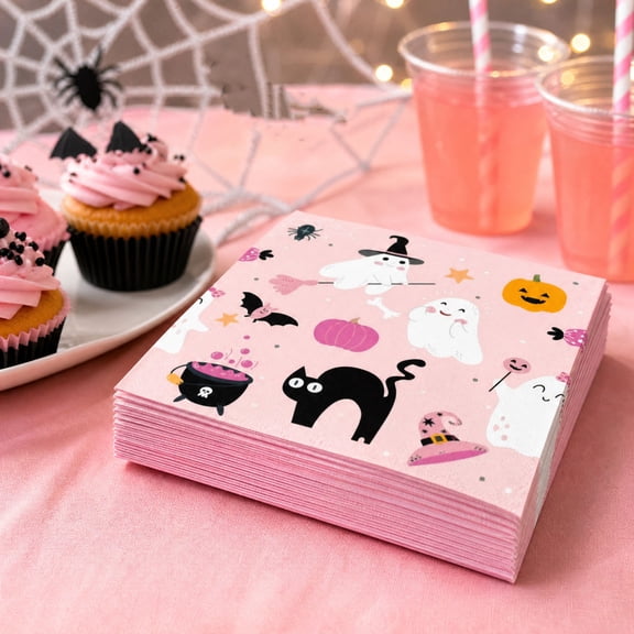 Miwamany Pink Halloween Paper Napkins 20pc, Disposable Ghost Party Tableware, Festive Spooky Luncheon Napkins for Home Kitchen Dining Decoration