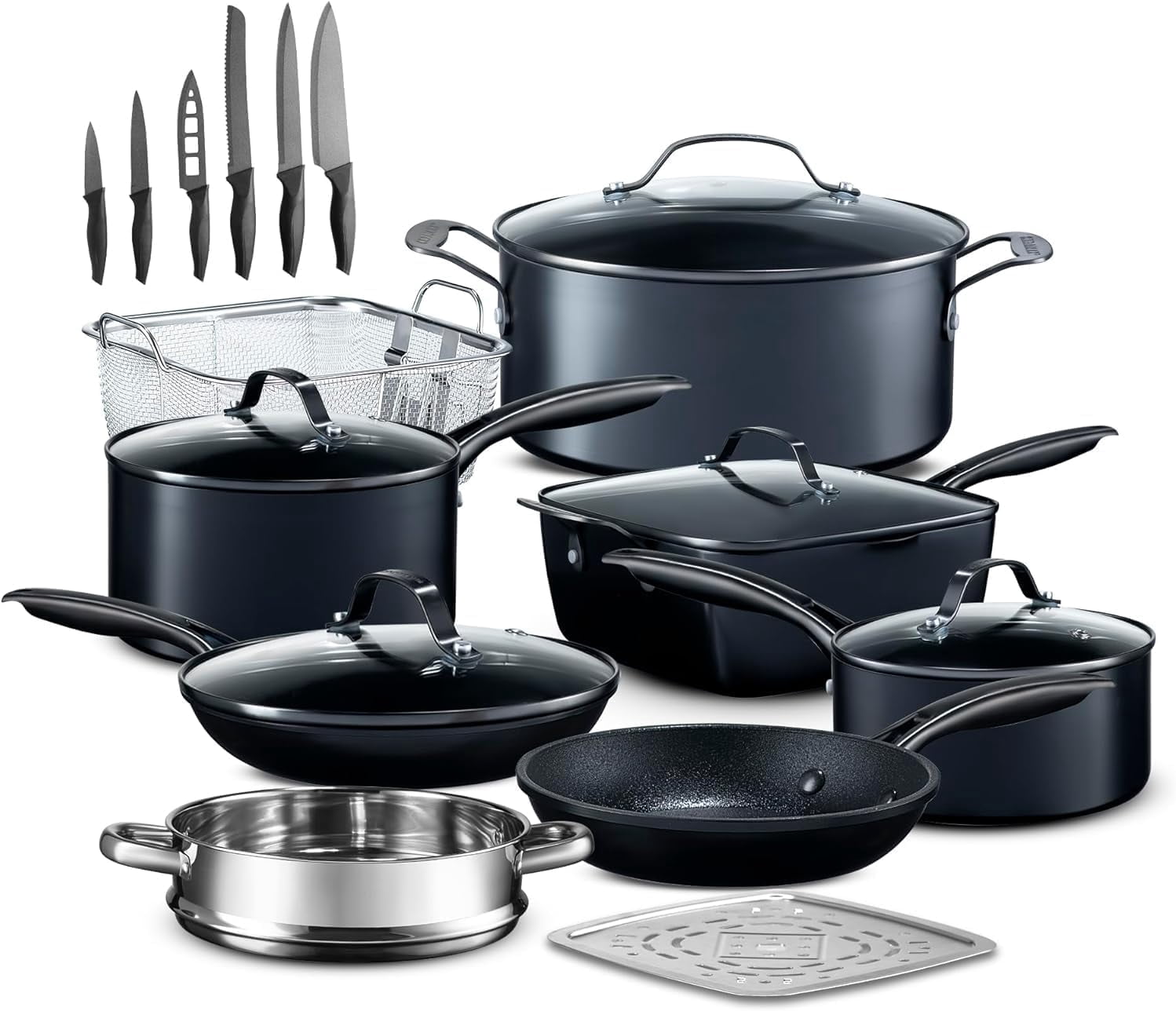 Granitestone Armor Max 20 Pc Hard Anodized Pots and Pans Set Non Stick, Induction Cookware Sets, Anodized Cookware Sets, Nonstick Cookware Set with Knife Set and Deep Fryer, Oven & Dishwasher Safe