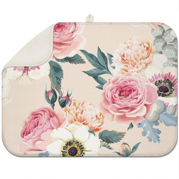 Microfibre Drying Mat for Kitchen Pink Wild Fresh Peony Flowers Dish Drying Drainer Mat Absorbent Pioneer Drying Mat Washing Up for Glass, Plate & Cup 18inch X 24inch