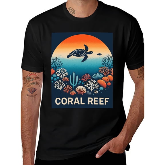 T-shirt Coral Reef Soft Cotton Adult Heat-Transfer Graphic T-Shirt - 180g Breathable Fabric, Unisex Summer Casual Wear with Durable Heat-Printed Design