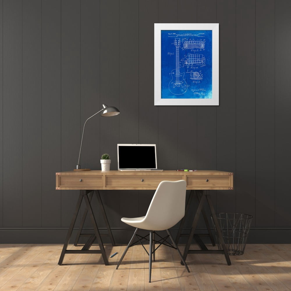 Borders, Cole 19x24 White Modern Wood Framed Museum Art Print Titled - PP47-Faded Blueprint Gibson Les Paul Guitar Patent Poster