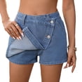 thumbnail image 3 of Women Casual High Waisted Solid Button Up Asymmetrical Denim Jean Skort Skirt Mini Shorts Light Blue S, 3 of 9