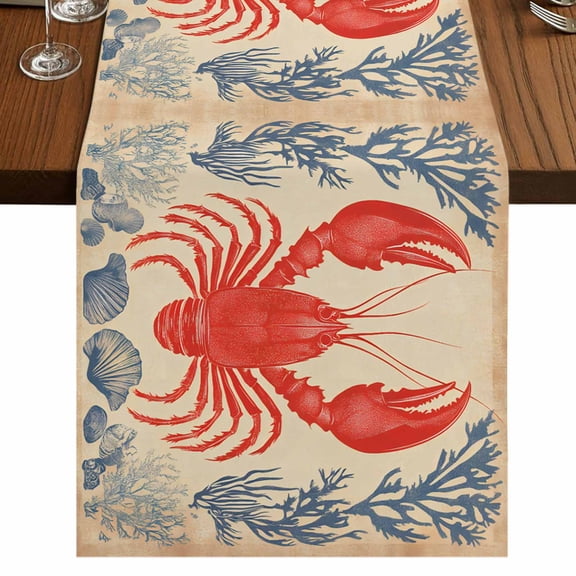 Lobster Coastal 36 Inch Table Runner, Summer Beach Coral Shell Nautical Vintage Farmhouse Dresser Scarf Cotton & Linen Tablerunner for Dining/Kitchen Island/Holiday Party Décor Small 13" x 36"