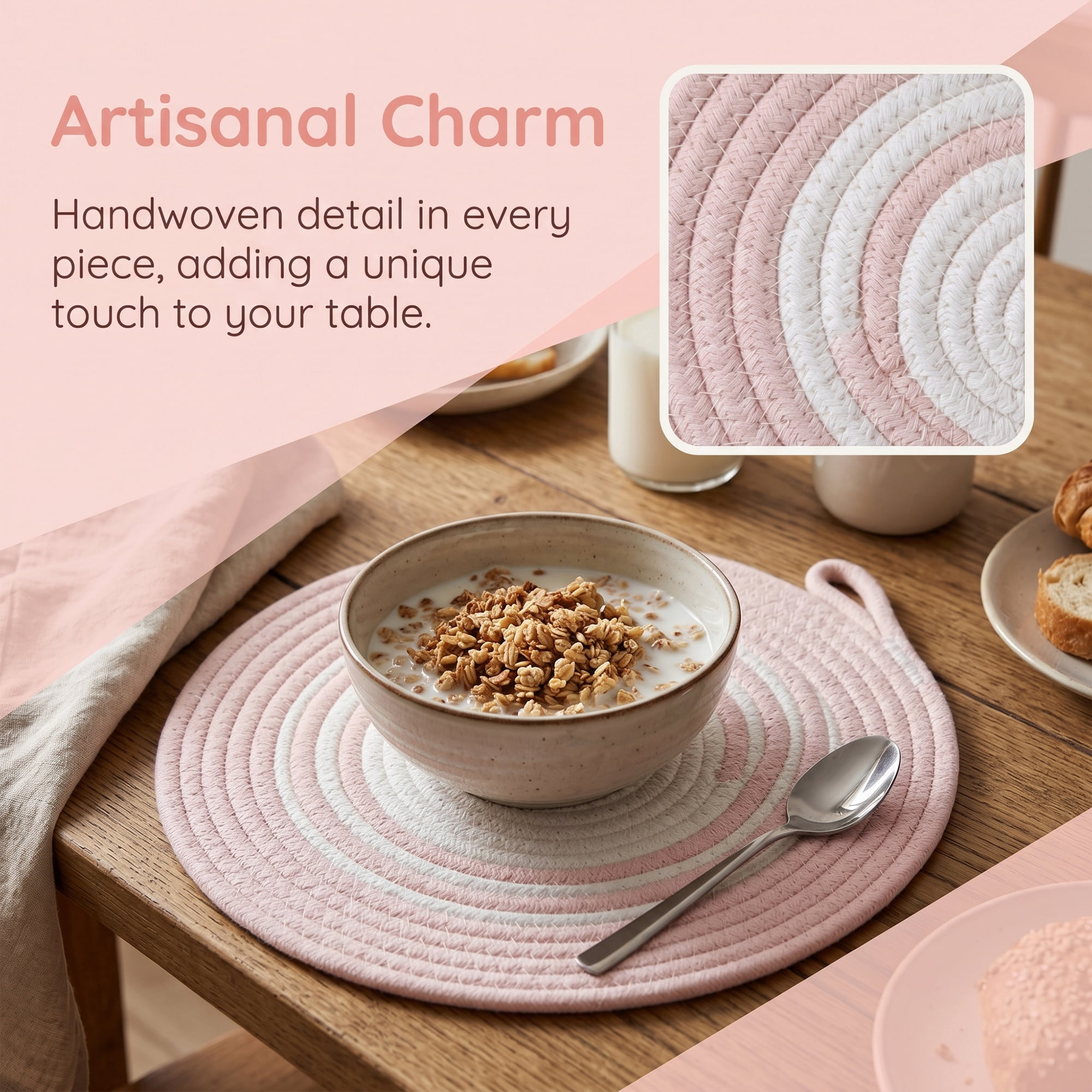 Unique Bargains 6Pcs Woven Dining Table Decor Round Placemats Pink 11.8x11.8in