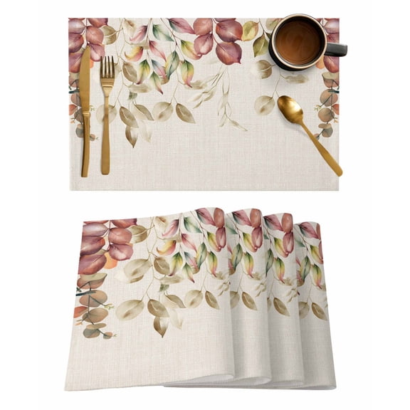 Fall Eucalyptus Leaf Placemats Set of 4 Autumn Leaves Linen Background Heat Insulation Washable Place Mats, Rustic Non-Slip Table Mats for Dining Table Party Kitchen Decor,13x19 Inch