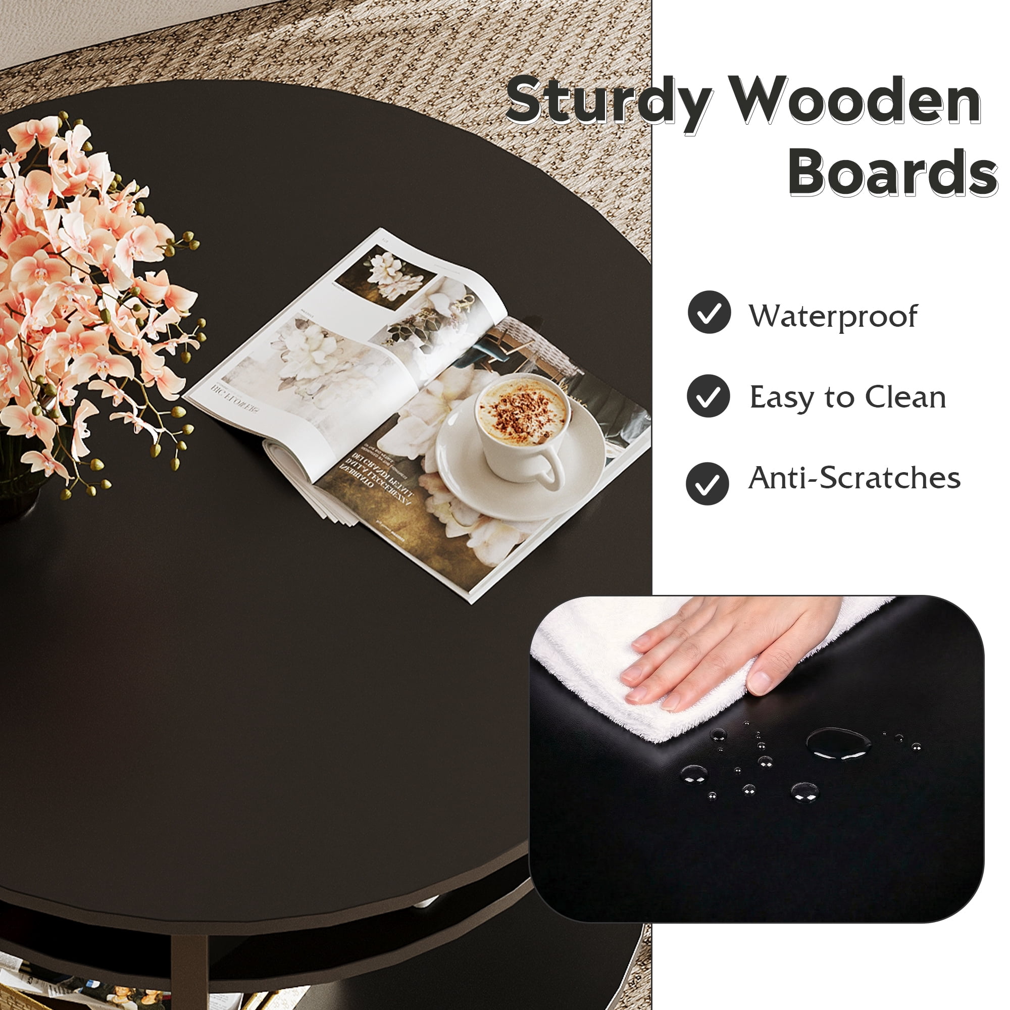 GALAXHERO Round Lift Top Coffee Table with Hidden Compartment and Storage Shelf, Farmhouse Small Coffee Table with 2 Tier for Living Room Black