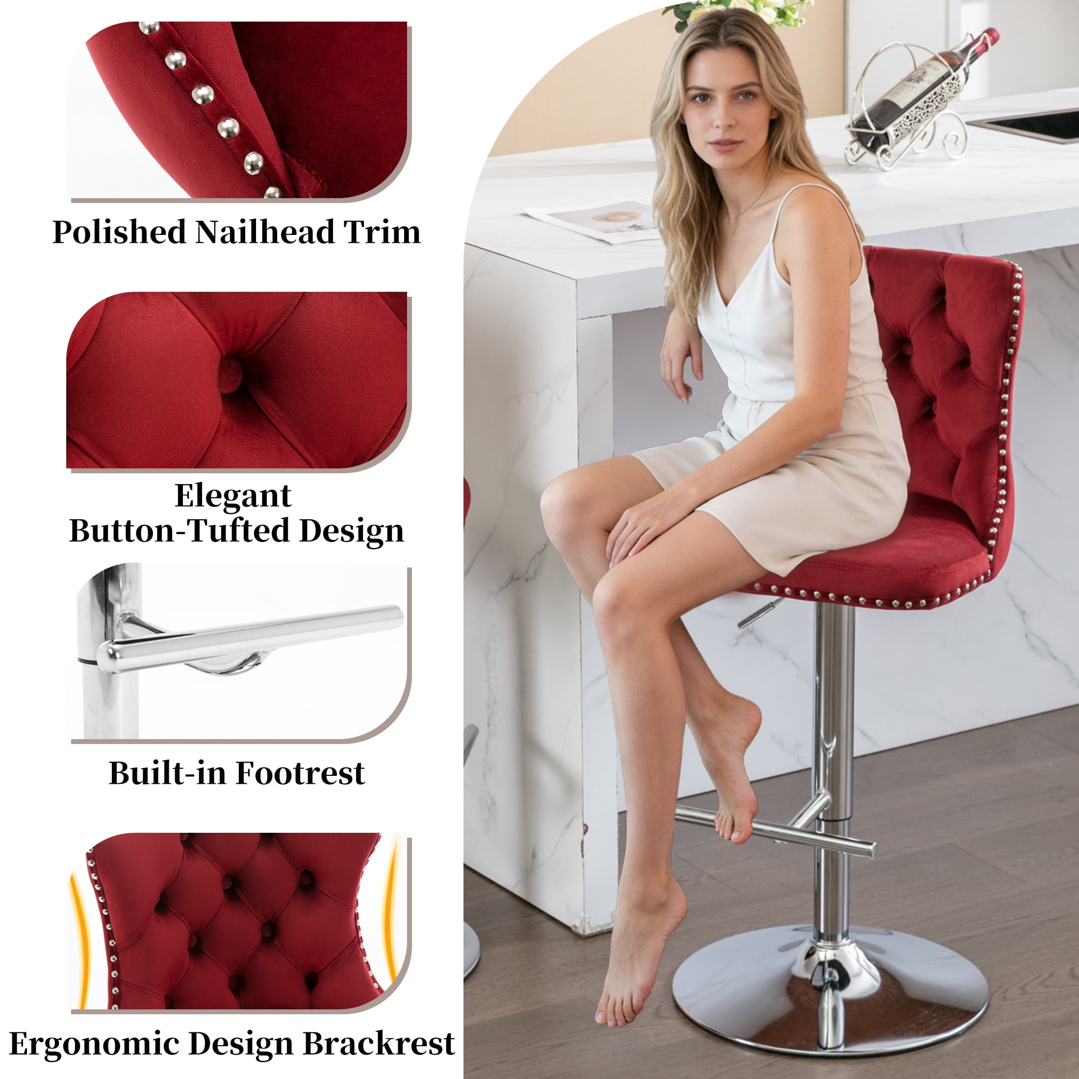 Swivel Bar Stools of 2, LegaHome Velvet Counter Height Barstools, 25-33 Inch Adjustable Height Bar Stools for Kitchen Counter, Modern Upholstered Kitchen Island Chairs, 300lbs Capacity, Burgundy