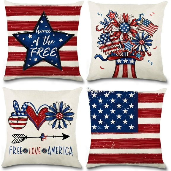 4 Pack Independence Day Pillow Covers Decor 18x18 Inch 4th of July America Freedom Daisy Patriotic Memorial Throw Pillowcase Decoration for Home Couch Sofa Bed