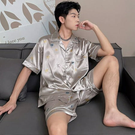 

DanceeMangoo New Mens Pajama Sets New Soft Summer Men Sleepwear Set Short Sleeve Rayon Pijamas for Men Elastic Waist Pant Leisure Outwear