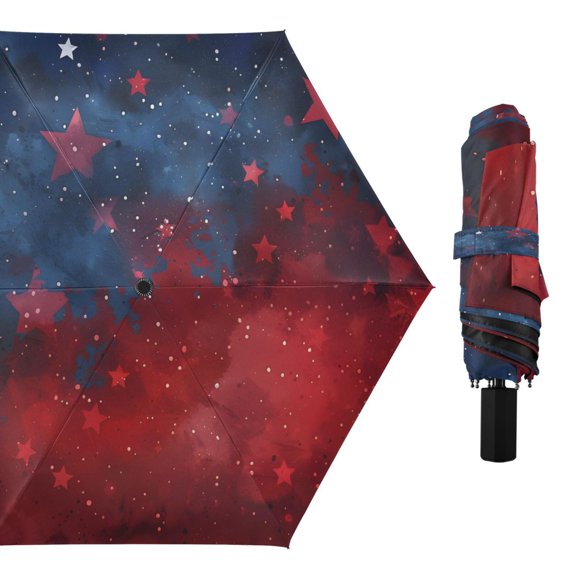 Red Blue Star at Night Compact Sun Umbrella Windproof Travel Umbrellas for Rain Strong Portable UV Protection