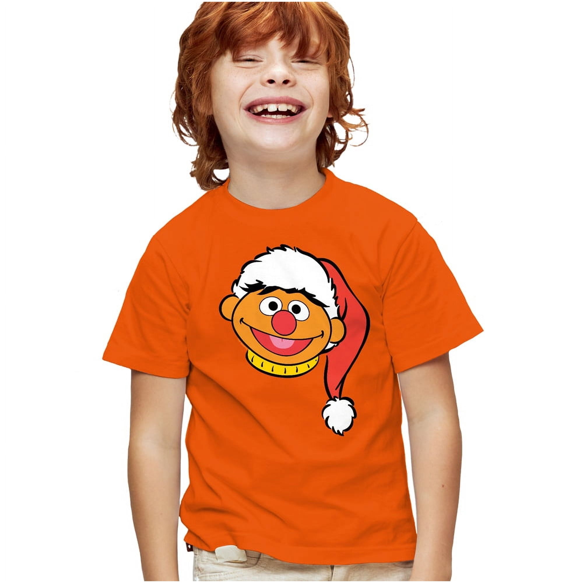 Sesame Street Christmas Santa Hat Ernie Face Kids T Shirt for Youth Boys and Girls, Orange, Large