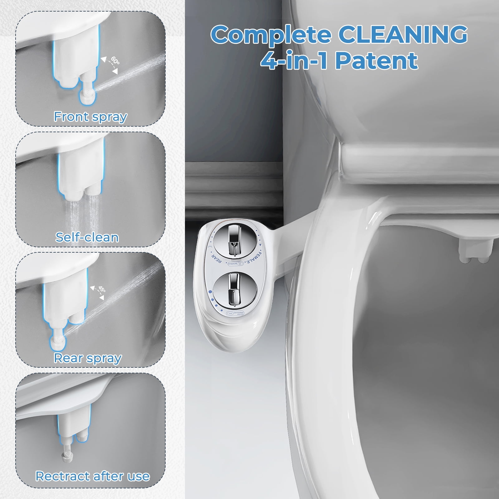 KINGTACK Toilet Bidet Attachment, Dual Nozzle, Non-Electric Bidet Attachment for Toilet Seat, Adjustable Water Pressure, Rear and Feminine Wash (White)