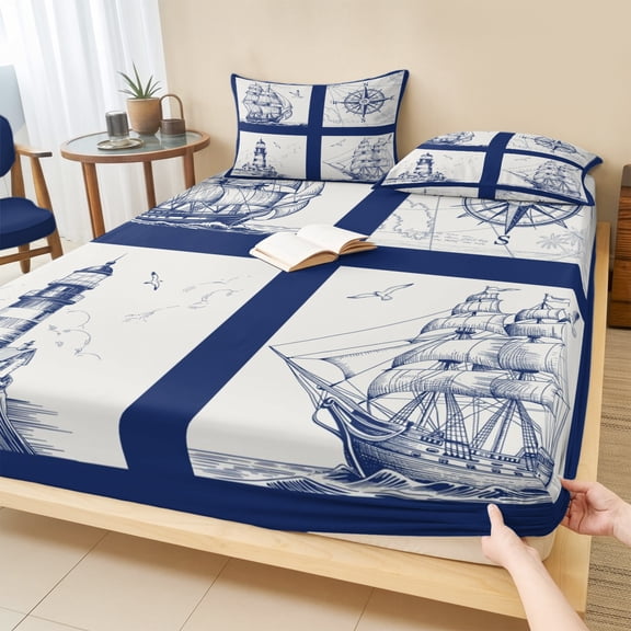 Queen Size Fitted Sheet Set - Nautical Navy 3 Piece Bedding Sets 16" Deep Pocket Fitted Sheet with 2 Pillowcases, Blue Lighthouse Boat Compass Ocean Brushed Microfiber Hotel Luxury Bed Sheets