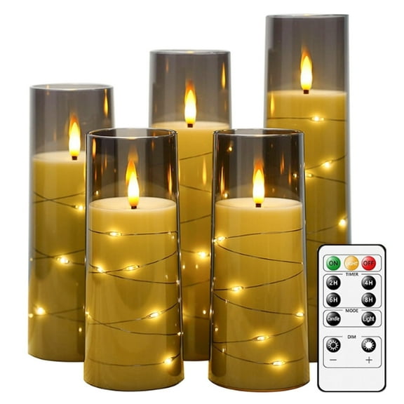 DICEEVIL 5 Pcs Flameless Candles with Embedded Star String, Battery Operated Candles Acrylic LED Pillar Candles with Timer and Remote, Flickering Candle for Romantic Ambiance Home Decoration (Grey)
