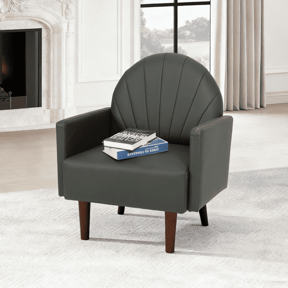 A contemporary shell-shaped armchair with PU leather upholstery and wooden legs, suitable for living rooms, balconies, children's rooms and studies.
