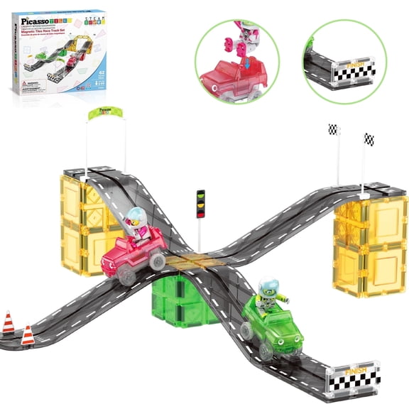 PicassoTiles Race Track Magnetic Tiles for Kids – 62PCS STEM Construction Building Blocks Toy Set with 2 Racing Cars and 2 Character Figures