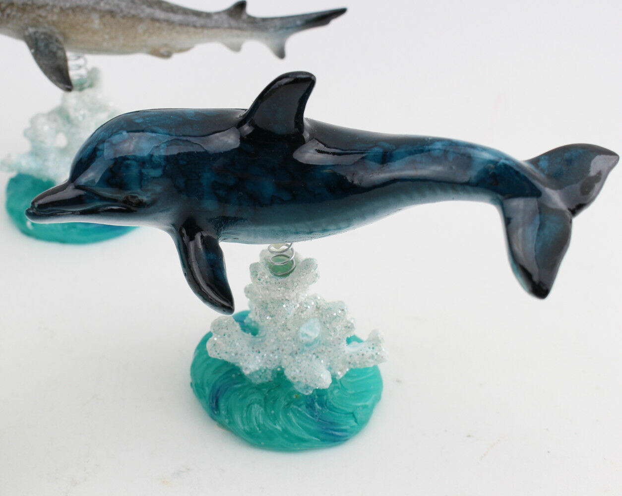Dolphin On Glazed White Blue Coral Base Statue ~ Wiggles Jiggles Decor G16622