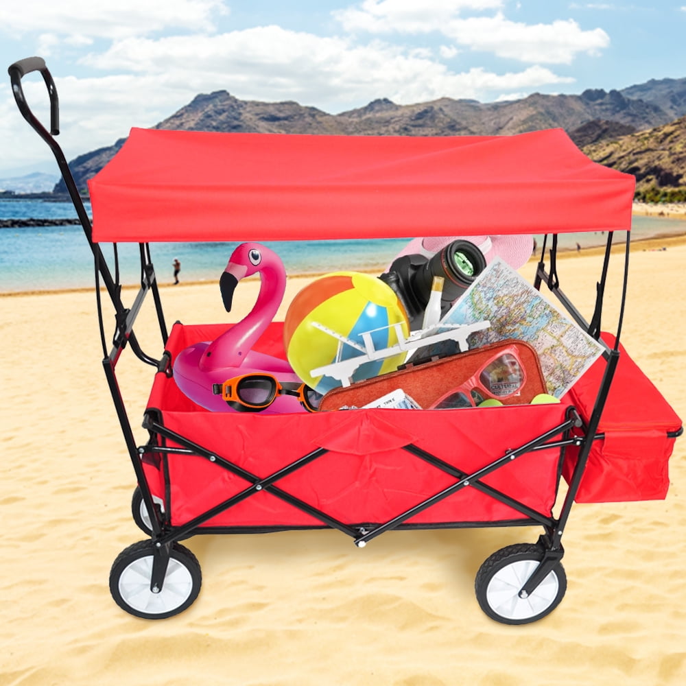 Beach Wagon for Sand with Canopy, Heavy Duty Collapsible Utility Wagon, Beach Wagon with Handle 