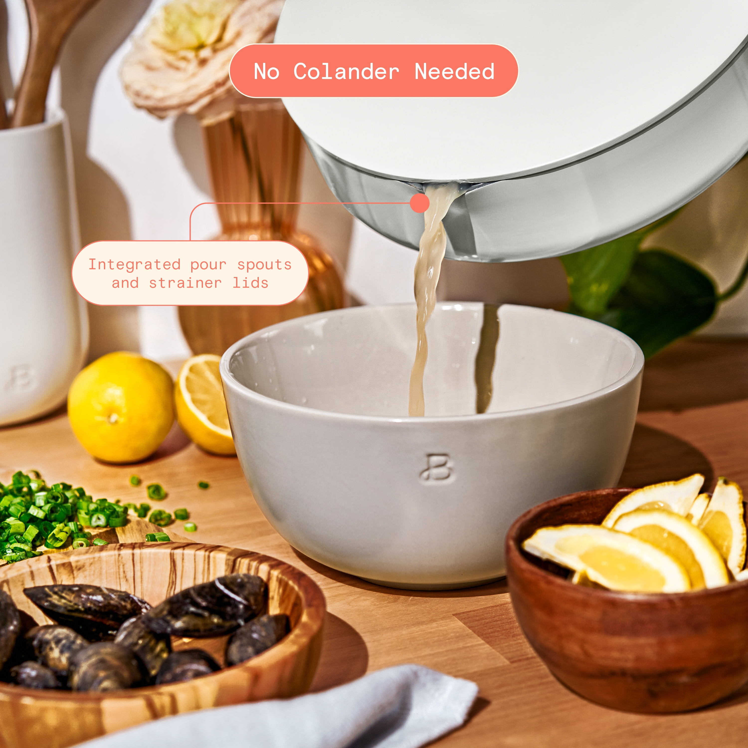 Beautiful 5.5 Quart Ceramic Non-Stick Sauté Pan with Strainer Lid, White Icing by Drew Barrymore