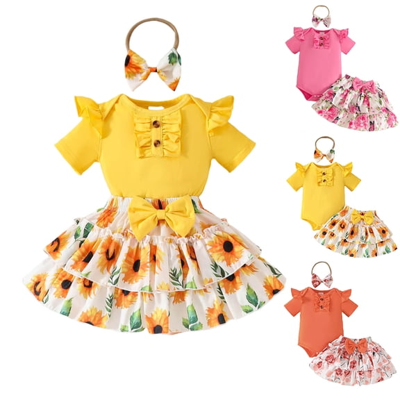 Toddler Girls One Piece Romper Short Sleeve Crew Neck Jumpsuit Cute Comfy Outfits With Print Skirt & Bow Headband (90, Yellow)