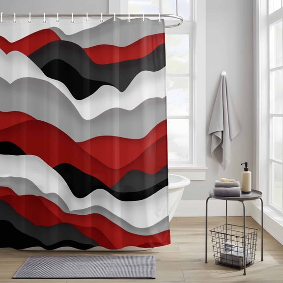 Bathroom Shower Curtain Burgundy Red Gradient Ripple Waterproof Shower Curtains with Hooks, Abstract Geometric Bath Curtains Bathtub Curtain Home Decor 36x72in
