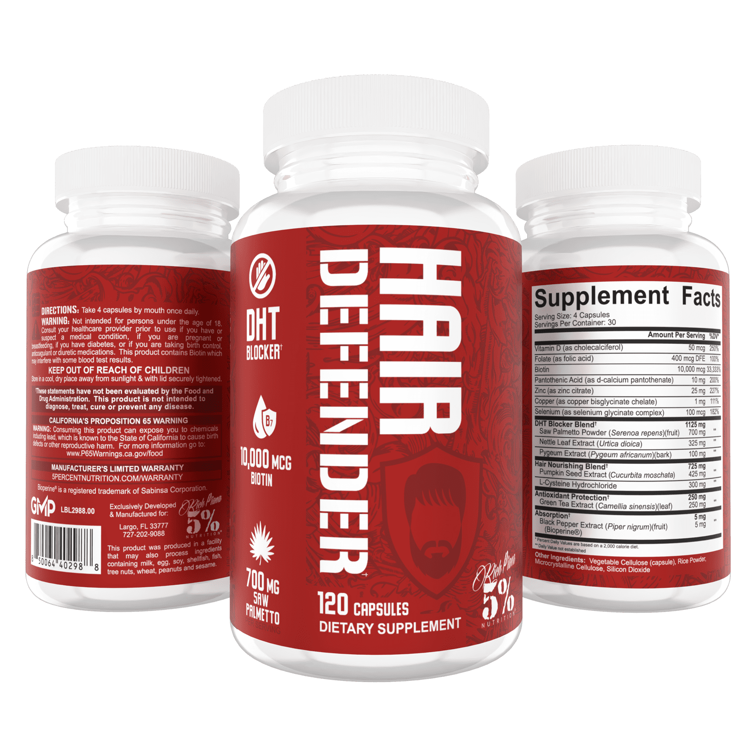5% Nutrition Hair Defender Dietary Supplement with Biotin, Zinc, Saw Palmetto,120 Capsules
