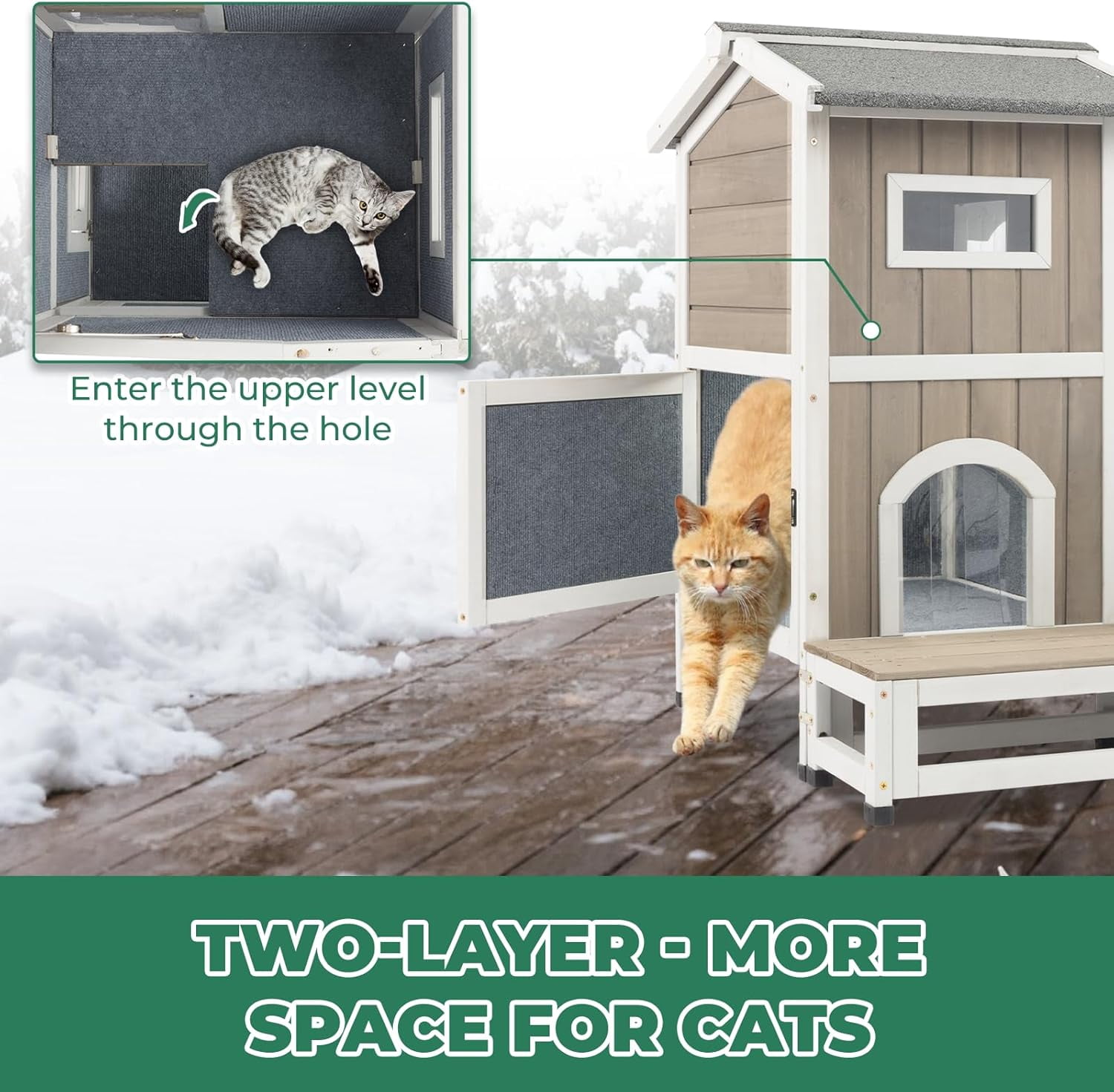 Gowoodhut Insulated Cat House, Outdoor Cat House Weatherproof with Jumping Platforms,Grey