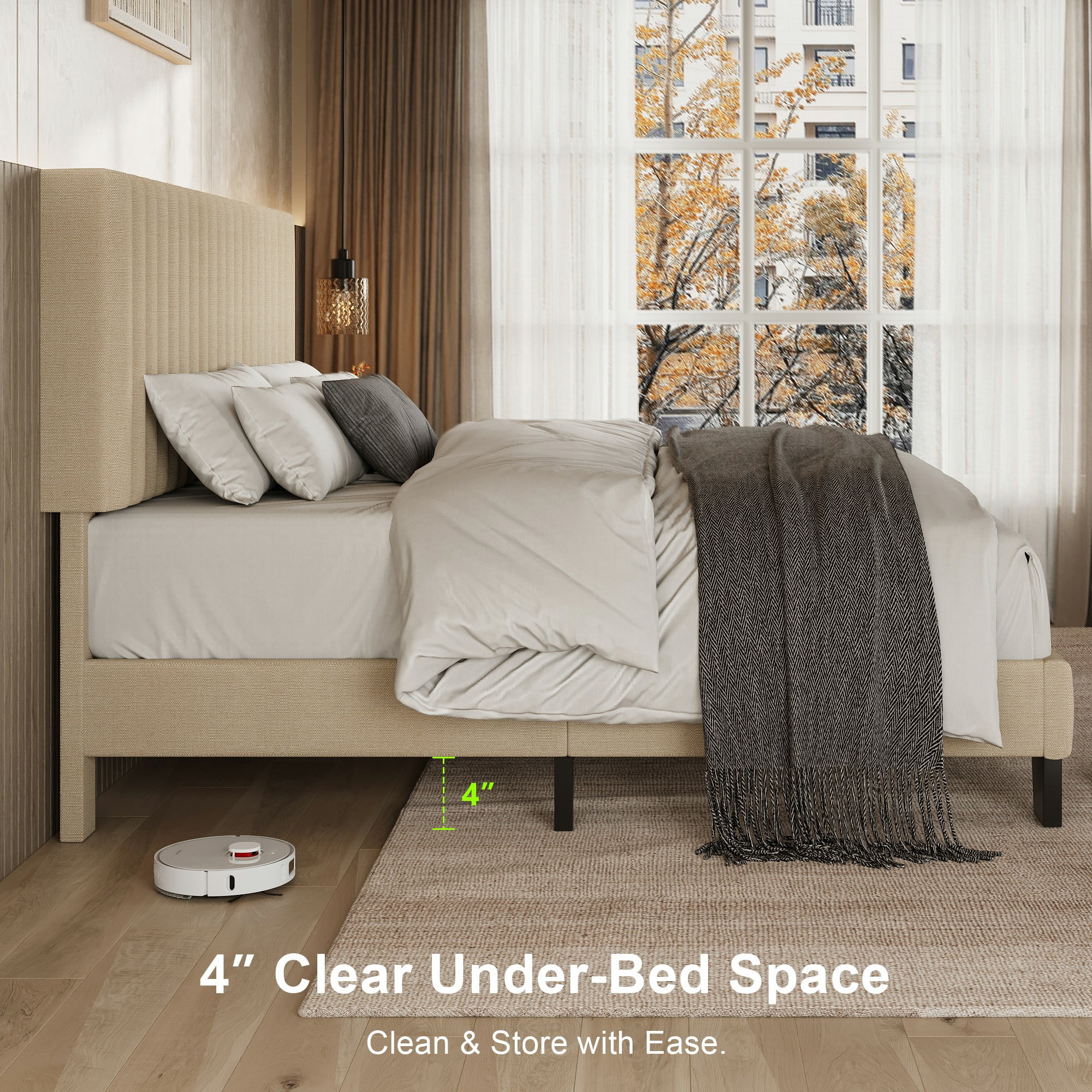 Virans Full Size Bed Frame, Upholstered Linen Platform Bed frame with Fabric Headboard,Solid Wood Slats Support,Noise Free,No Box Spring,Easy Assembly,Beige