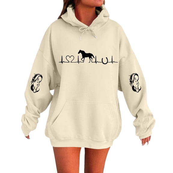 Hoodies For Women Heartbeat Horse Print Hoodie Cute Western Horses Pullover Fall Long Sleeve Sports Tops Soft Cozy Fabric For Horse Lovers L Womens Hoodies