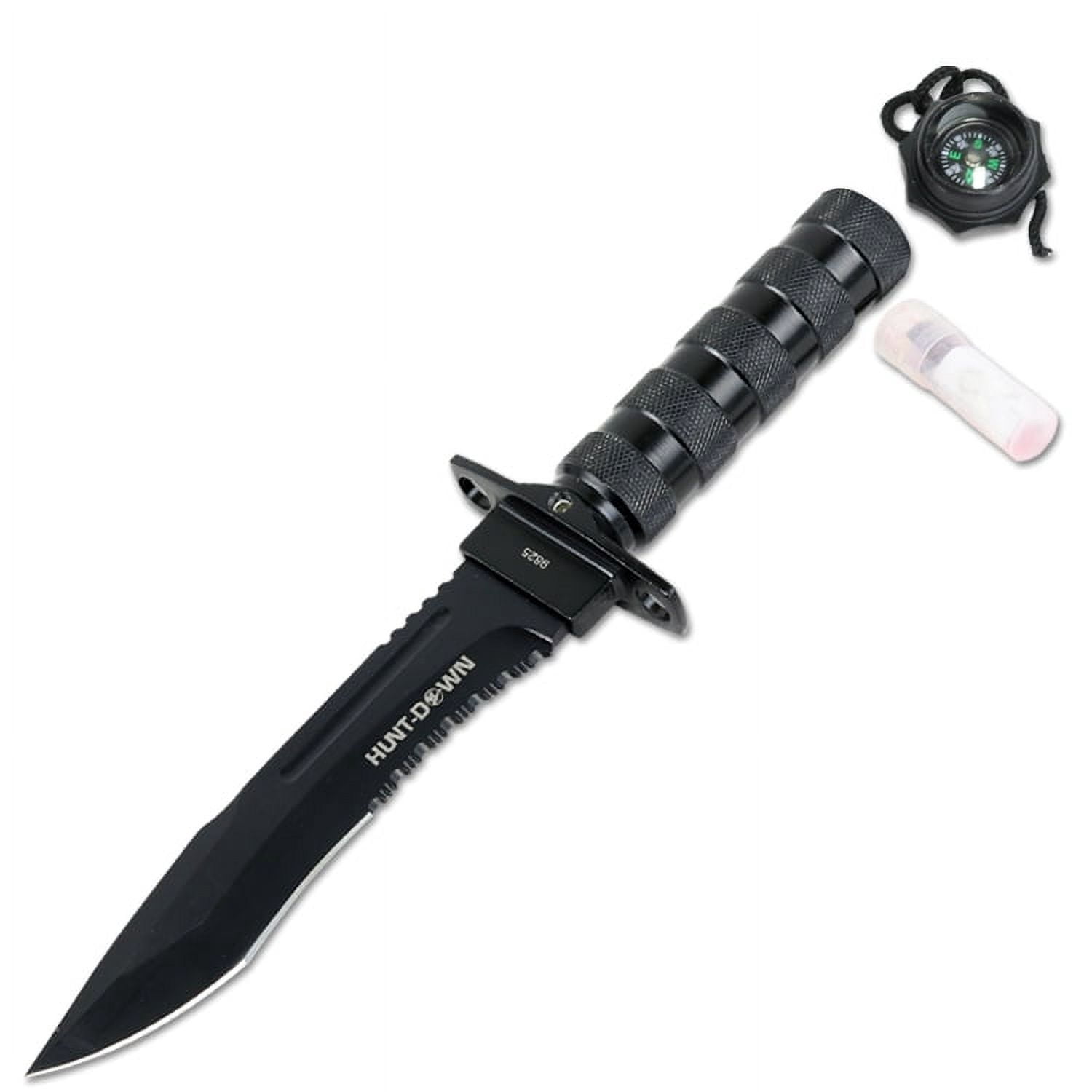 Hunt-Down 12' All Black Fixed Blade Survival Knife - Survival Kit & Compass