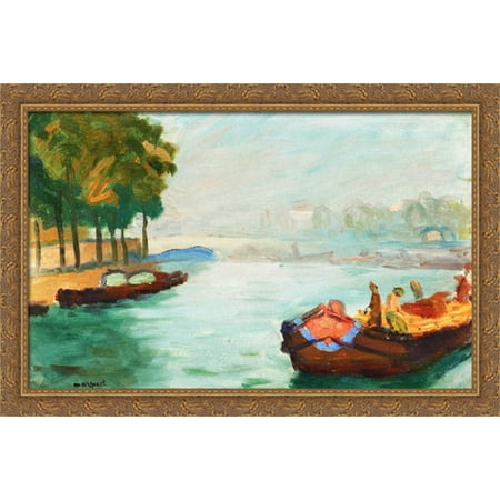 Banks of the Seine, Paris 40x26 Large Gold Ornate Wood Framed Canvas Art by Albert