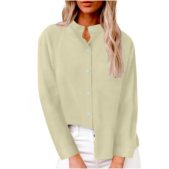 Cavosen Women's Work Tops for Office Long Sleeve Button down Shirts Stand Neck Solid Color Blouse Dressy Flowy Loose Fit Tees Business Suit Cardigan Tops with Pocket Beige S