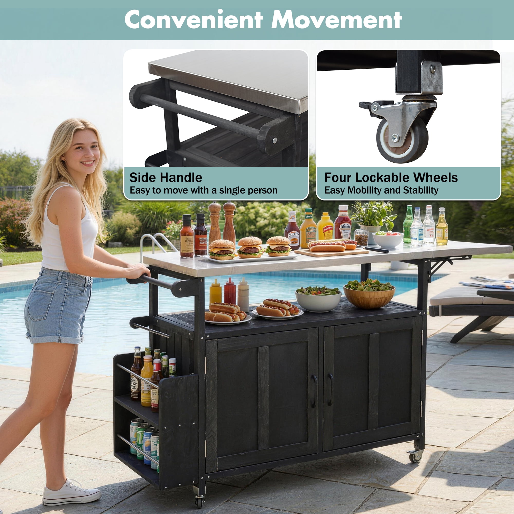 Mobile Cooking Island, Foldable Outdoor Patio Kitchen Cart, Black