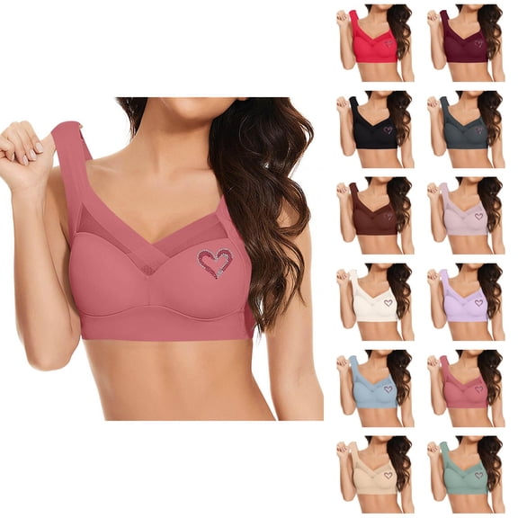 Push Up Bras for Women Heart Rhinestone Plus Size Lightweight Wireless Side Smoothing Bralettes Everyday Bra
