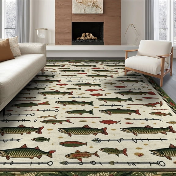 ODIKA 8'x10' Washable Area Rug Non-Shedding, Easy Care, Fish Vintage Fishing Angling Lures Trout Tackle Border Bathroom for King Size Bedroom Under Bed, Master Suite
