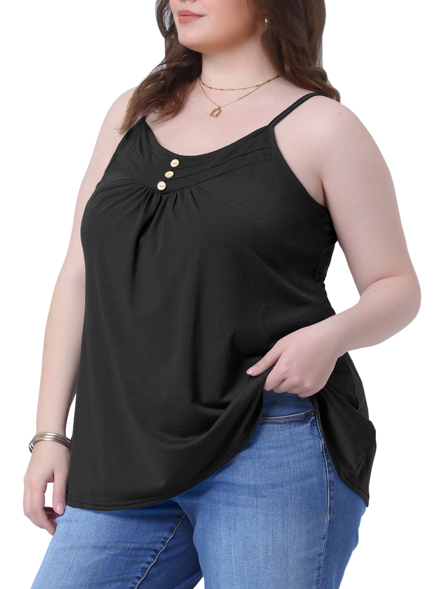 DARING DIVA Women's Plus Tank Tops with Button V Neck and Pleated Design 2X Black