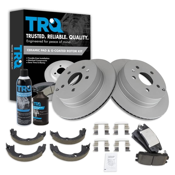 TRQ Rear Brake Kit Ceramic Brake Pad Coated Rotor Parking Shoe w/Chemicals BKA23688