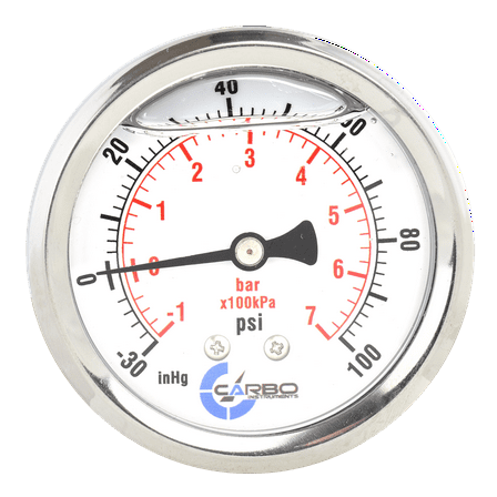CARBO Instruments 1-1/2" Pressure Gauge, Stainless Steel Case, Chrome Plated Brass Connection, Lqiuid Filled, Compound Vacuum -30 Hg - 0 - 100 psi BACK Mount 1/8" NPT