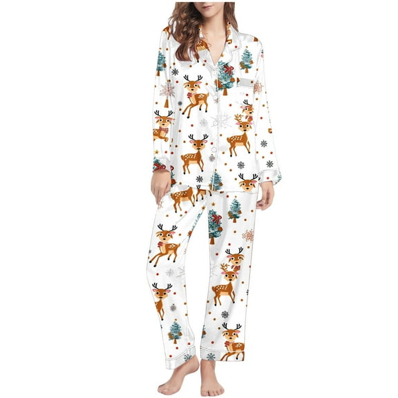 Lorytime Christmas Pajamas Sets Adults Reindeer Long Sleeved Collared Tops Elastic Waist Pants Cozy Sleepwear Gift