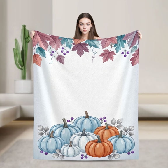 Pumpkin Blanket, Fall Thanksgiving Decor Gift, Watercolor Pumpkin Throw Blanket with Autumn Leaves, Soft Cozy Blanket for Living Room Sofa 50x40