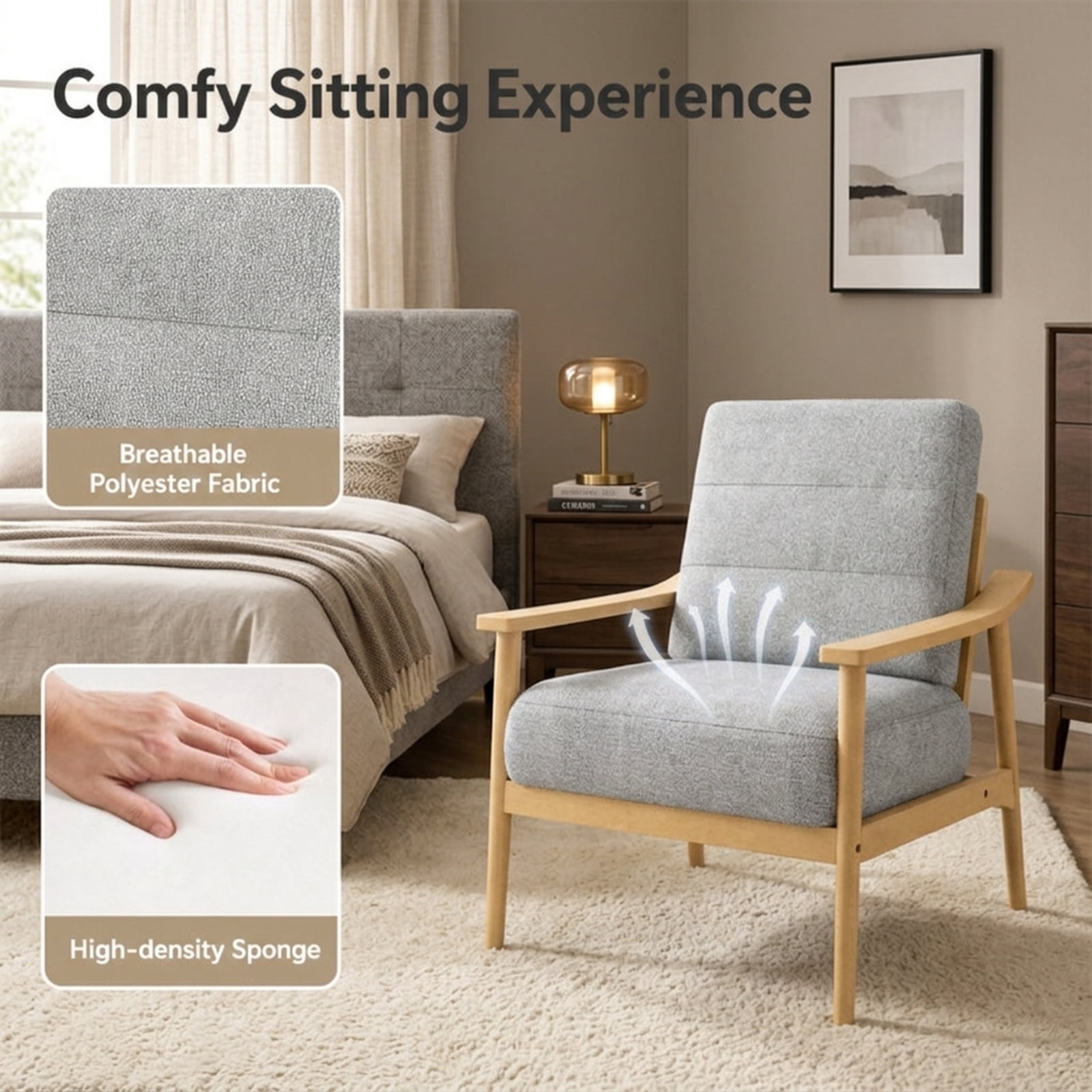 Furnibear Modern Accent Chair with Large Padded Seat Rubber Wood Armrests and Washable Back Cushion for Living Room and Reading Room, Natural