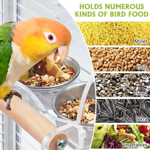 Bird Feeder for Cage with Double Stainless Steel Food & Water Bowls Anti-Slip Wood Perch Stand with No Mess Acrylic Seed Catcher for Parrot, Budgie, Parakeet, Lovebird, Canary, Finch (Hook)