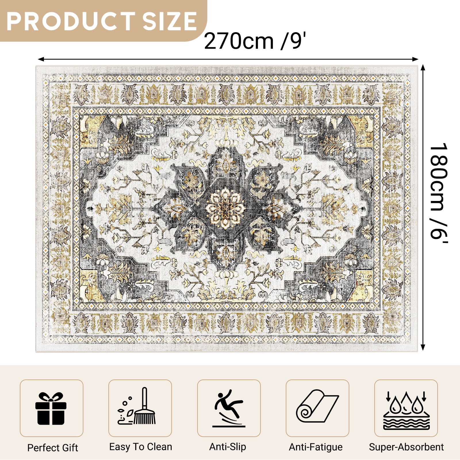 6'x9' Vintage Area Rugs,Soft Washable Distressed Thin Rugs for Living Room Bedroom,Non-Slip Foldable Indoor Carpet,Grey Brown