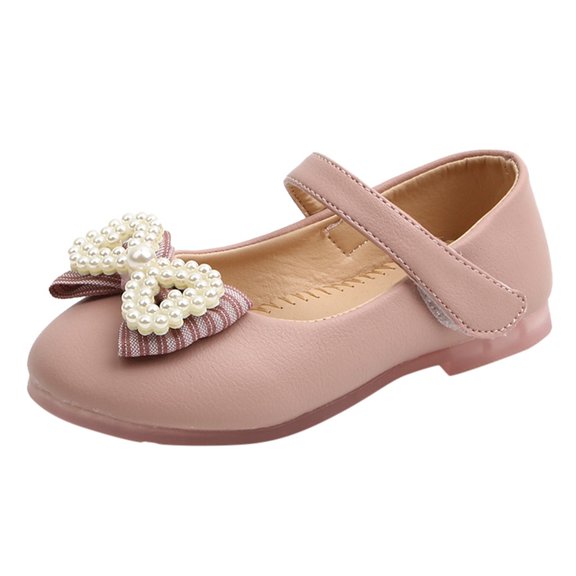 GiLiling Girls' Mary Jane Flats, Pearl Bow Toe Hook-and-Loop Strap, TPR Non-Slip Sole PU Leather Flats School Parties Weddings Footwear (Pink, 4.5-5 Years)