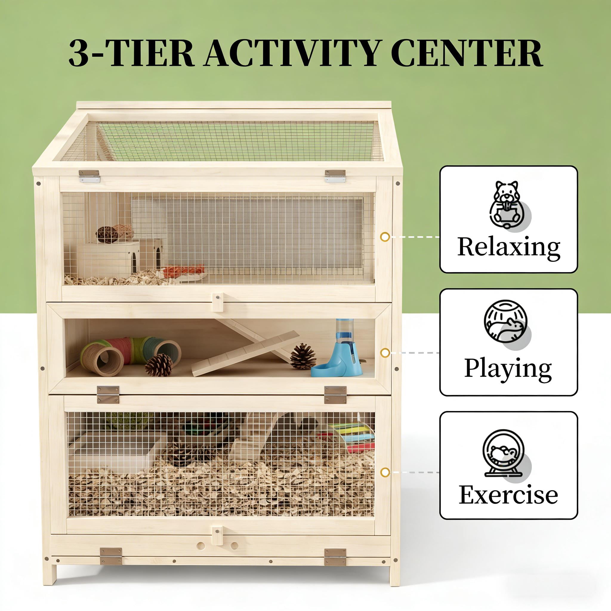 Small Animals Cage,3 Tier Pet Cage,Wooden Hamster Cage