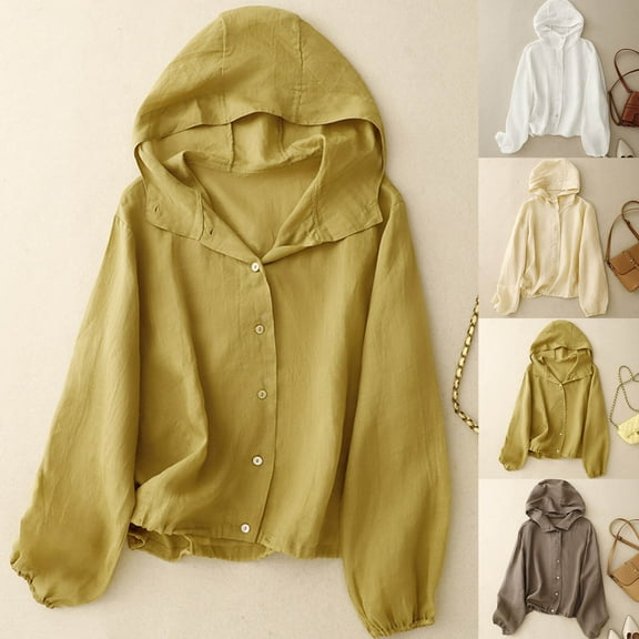 Feancey Linen Shirts for Women Sun Protection Long Sleeve Hoodie Lightweight Quick Dry Button Down Shirt Jackets Loose Fit Casual Beach Coverups Beige M