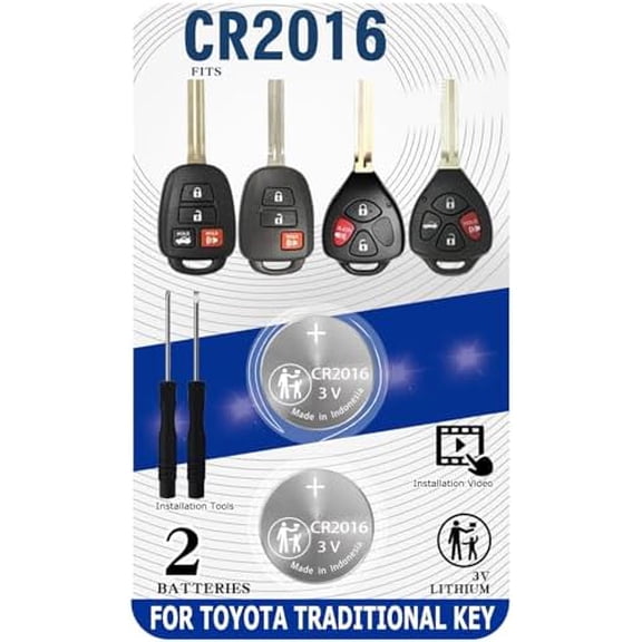 Key Fob Replacement Battery for Toyota Traditional Key (Camry Corolla RAV4 Tacoma 4Runner Highlander Tundra Yaris Venza Prius c Avalon Remote Head (Check Fitment Guide) Pack of 2 CR2016 Batteries