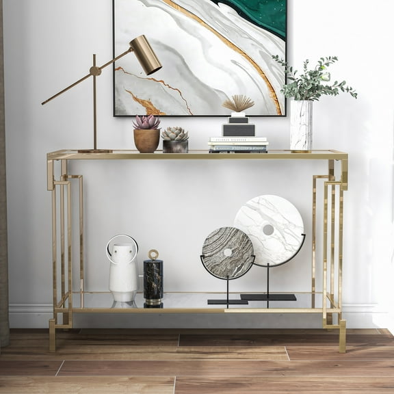 Furniture of America Triste 1-Shelf Glass Top and Metal Champagne Sofa Table