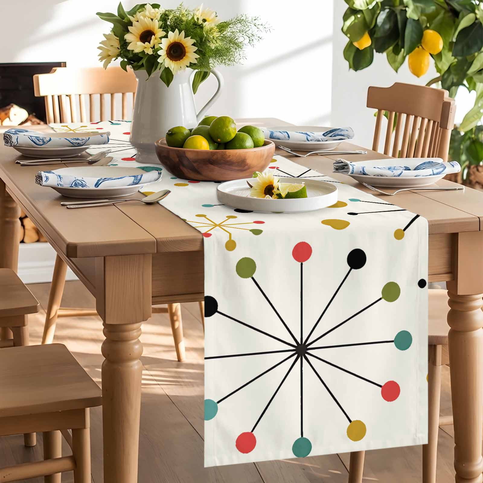 Mid Century Abstract Geometric Table Runner 90 Inches Long, Modern Colorful Atomic Table Runners Tabletop Scarf Kitchen Dining Tables Decoration for Home Party Indoor Outdoor