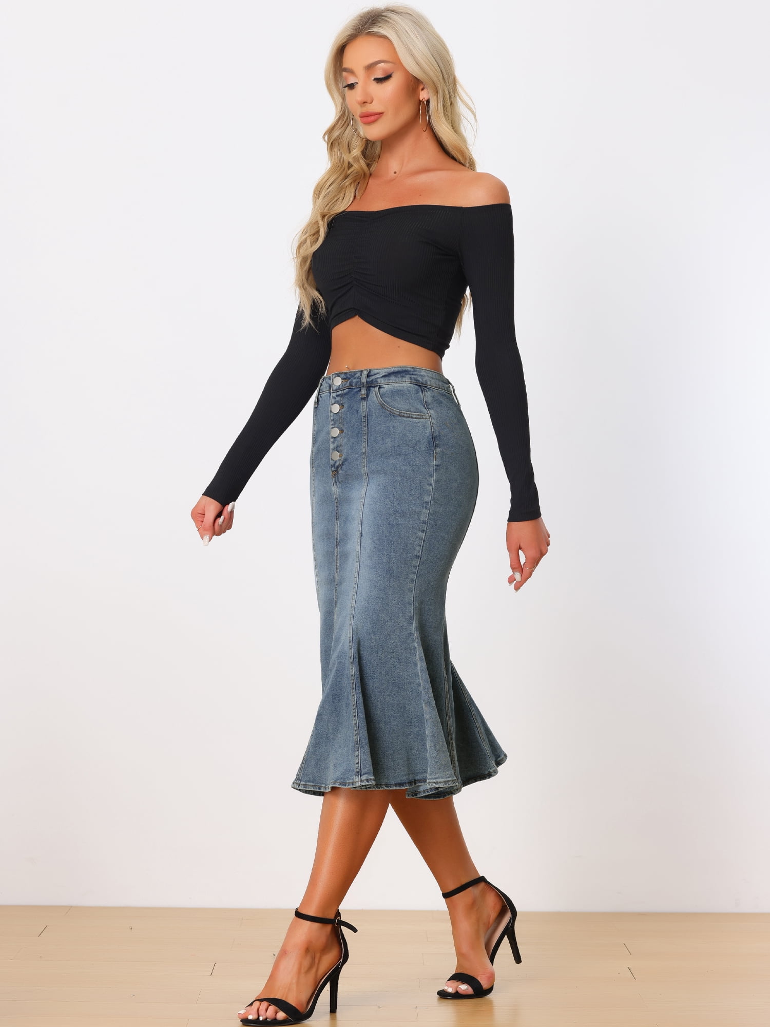 DARING DIVA Women's Soft Elegant Washed Fishtail Casual Midi Denim Skirt M Gray Blue